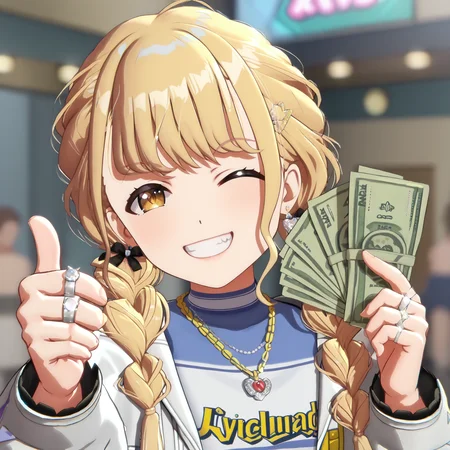 score_9, score_8_up, score_7_up, score_6_up, 1girl,
<lora:kotone.pony.v2:1>, kotone, hajime,
<lora:gangstersb-guy-PONYv1:0.8>, gangstersb,
looking at viewer, thumbs up, one eye closed, grin, smile, money, holding money, portrait, cropped torso, ring, jewelry, diamond earrings,