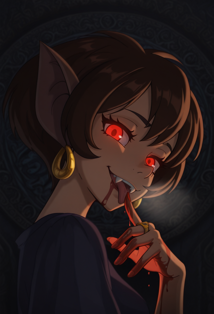 Graphic Design, color art, vibrant colors, colorful, intricate details, high contrast, detailed background, beautiful detailed, beautiful face, detailed eyes, detailed face, new, five fingers, 1girl, solo, n41n4, brown hair, short hair, red glowing eyes, animal ears, ring earrings, portrait, smug, smirk, licking own fingers, licking blood, blood on hand, fangs, heavy breathing, looking at viewer, dynamic pose, dark, head tilt, from side, (masterpiece, best quality, newest, recent, absurdres),