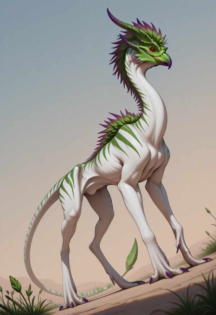 Rating: safe, masterpiece, best quality, amazing quality, highres, absurdres, Gaula, 1animal, biped, standing on rear legs, small arms, feral, sharp beak, green tail tip, flower bud tail, green and purple horns, forward-pointing horns, white skin, variegated green stripes, long neck, (korschen, tall, raptor physique, long rear legs, thick rear legs, muscular rear legs, thick thighs), green leaf mane along back, thick mane, rearing up,
high angle, side view, Dutch angle, variety,