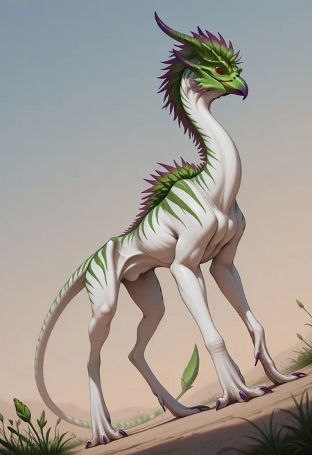 Rating: safe, masterpiece, best quality, amazing quality, highres, absurdres, Gaula, 1animal, biped, standing on rear legs, small arms, feral, sharp beak, green tail tip, flower bud tail, green and purple horns, forward-pointing horns, white skin, variegated green stripes, long neck, (korschen, tall, raptor physique, long rear legs, thick rear legs, muscular rear legs, thick thighs), green leaf mane along back, thick mane, rearing up,
high angle, side view, Dutch angle, variety,
