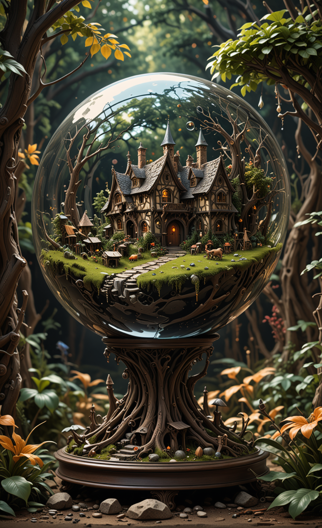 A  glass sphere sculpture, concealed inside the sphere is a Hobbits village, in the day, detailed image, 8k high quality detailed, shaped sphere, amazing wallpaper, digital painting highly detailed, 8k UHD detailed oil painting, beautiful art UHD, focus on full glass sphere, bokeh,  background Modifiers: extremely detailed Award winning photography, fantasy studio lighting, photorealistic very attractive beautiful imperial colours ultra detailed 3D, (Very Intricate), UHD, <lora:3D_Framed_Wall_Art_-_By_DICE:1>, (3D Framed, Macabre)