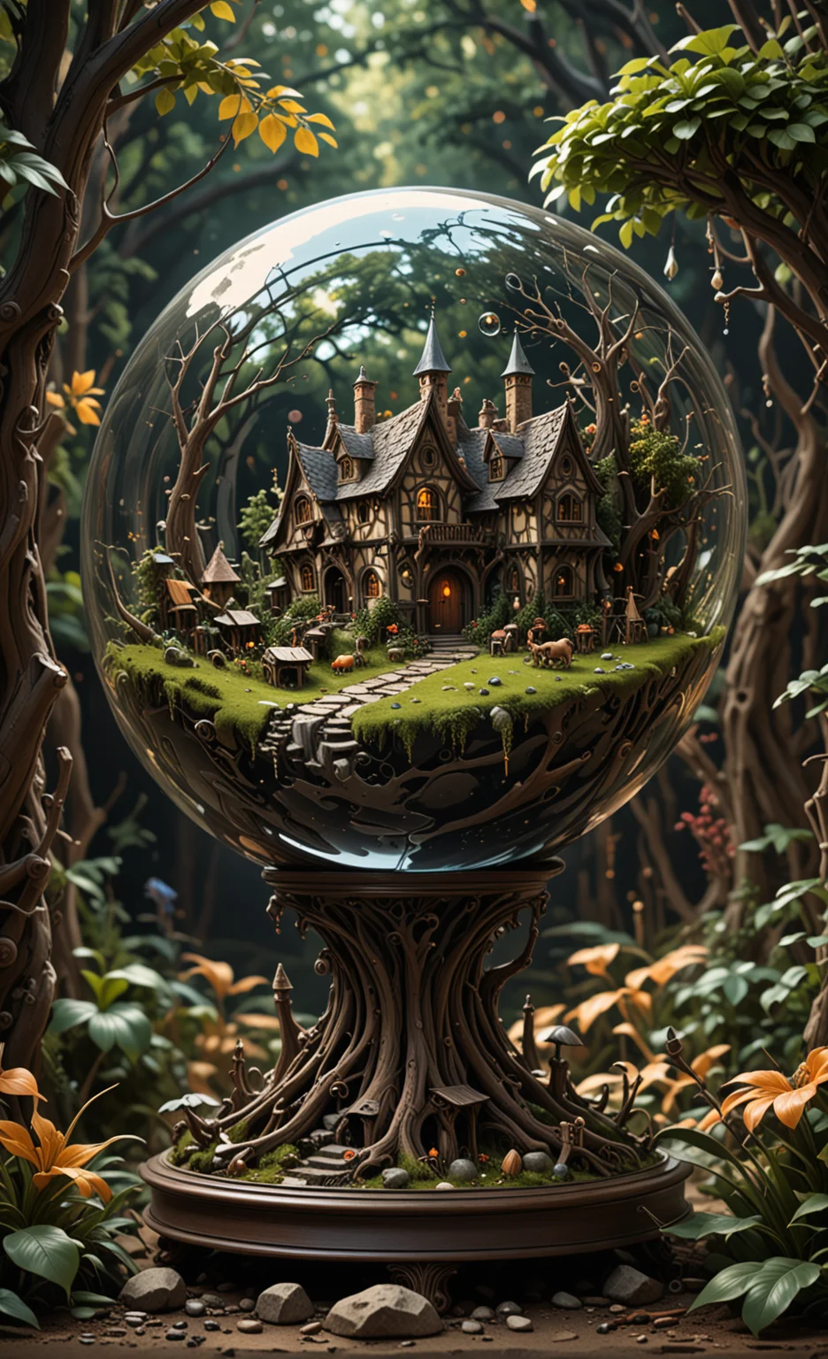 A glass sphere sculpture, concealed inside the sphere is a Hobbits village, in the day, detailed image, 8k high quality detailed, shaped sphere, amazing wallpaper, digital painting highly detailed, 8k UHD detailed oil painting, beautiful art UHD, focus on full glass sphere, bokeh, background Modifiers: extremely detailed Award winning photography, fantasy studio lighting, photorealistic very attractive beautiful imperial colours ultra detailed 3D, (Very Intricate), UHD, <lora:3D_Framed_Wall_Art_-_By_DICE:1>, (3D Framed, Macabre)