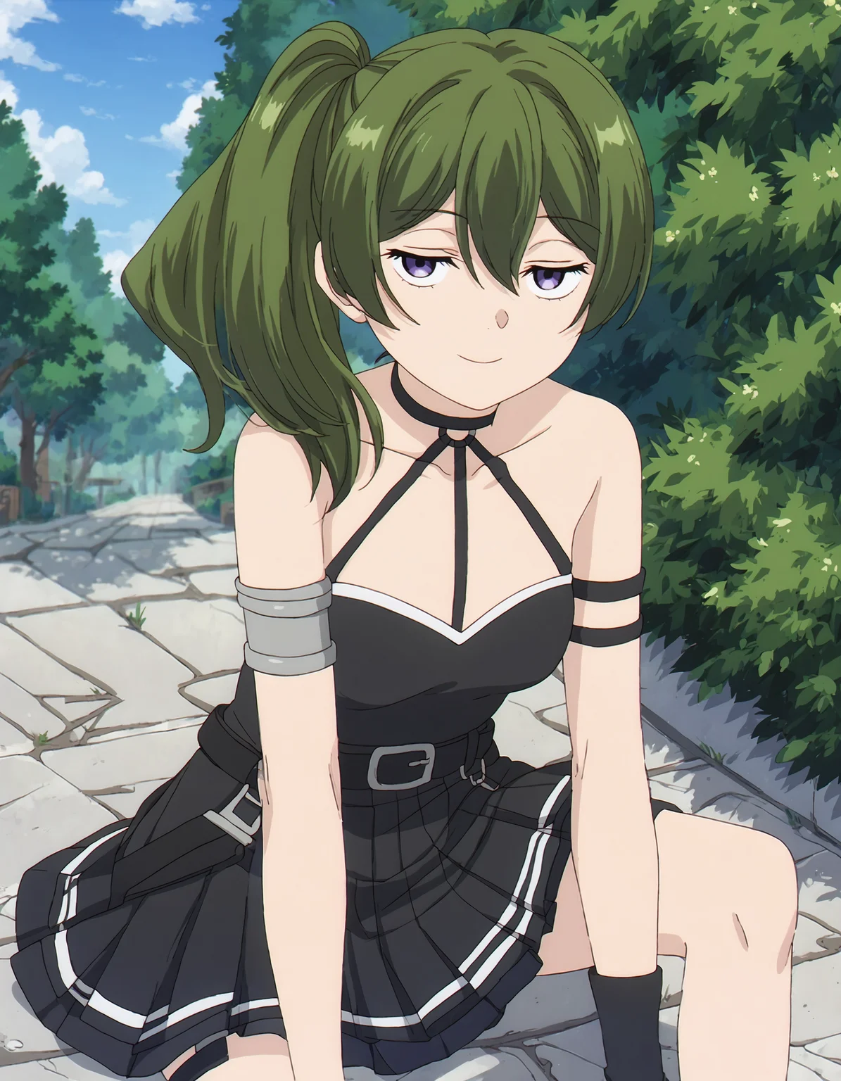 score_9, score_8_up, score_7_up, source_anime
BREAK
ubel_olis, 1girl, solo, side ponytail, medium hair, green hair, purple eyes, o-ring choker, halterneck, black dress, small breasts, armlet, arm strap, single elbow glove, black belt, pleated skirt, suspenders hanging
BREAK
looking at viewer, smile
BREAK
outdoors
<lora:Ubel_SousouNoFrieren_v1:1>