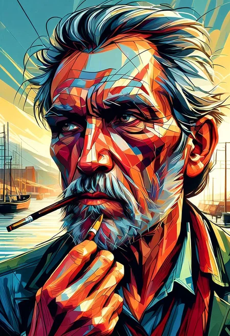 an old fisherman with a weathered face smoking a pipe on the quayside painting, extreme close up, portrait,