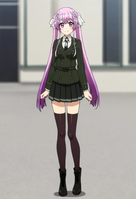 blurred background,
smile,
looking at viewer,
solo,
hundred_-_sakura_kirishima, pink_hair, long_hair, twintails, hair_ornament, hair_flower, purple_eyes, purple_hair, hair_ribbon,
school_uniform, jacket, long_sleeves, black_necktie, skirt, black_thighhighs, boots,
standing,
masterpiece,best quality,good quality,newest,