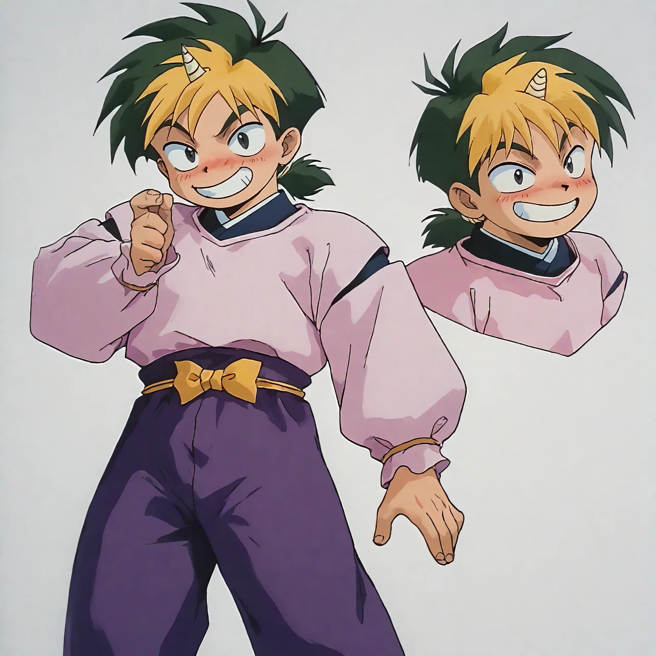 PonyXLV6_Scores, (onimaro-sama), male_focus, characters sheet, (multiple views), reference sheet, short legs, expressions, naughty_face, 1990s \(style\), black eyes, single horn, surprised, purple pants, japanese clothes, male child, low ponytail, grin, pink shirt, blush, multicolored hair, two-tone hair, smirk, green hair, (dyed_bangs), (blonde_hair) <lora:onimaro-sama:1> <lora:age_slider_v4:-3.5> <lora:Character_face_sheet:0.3>