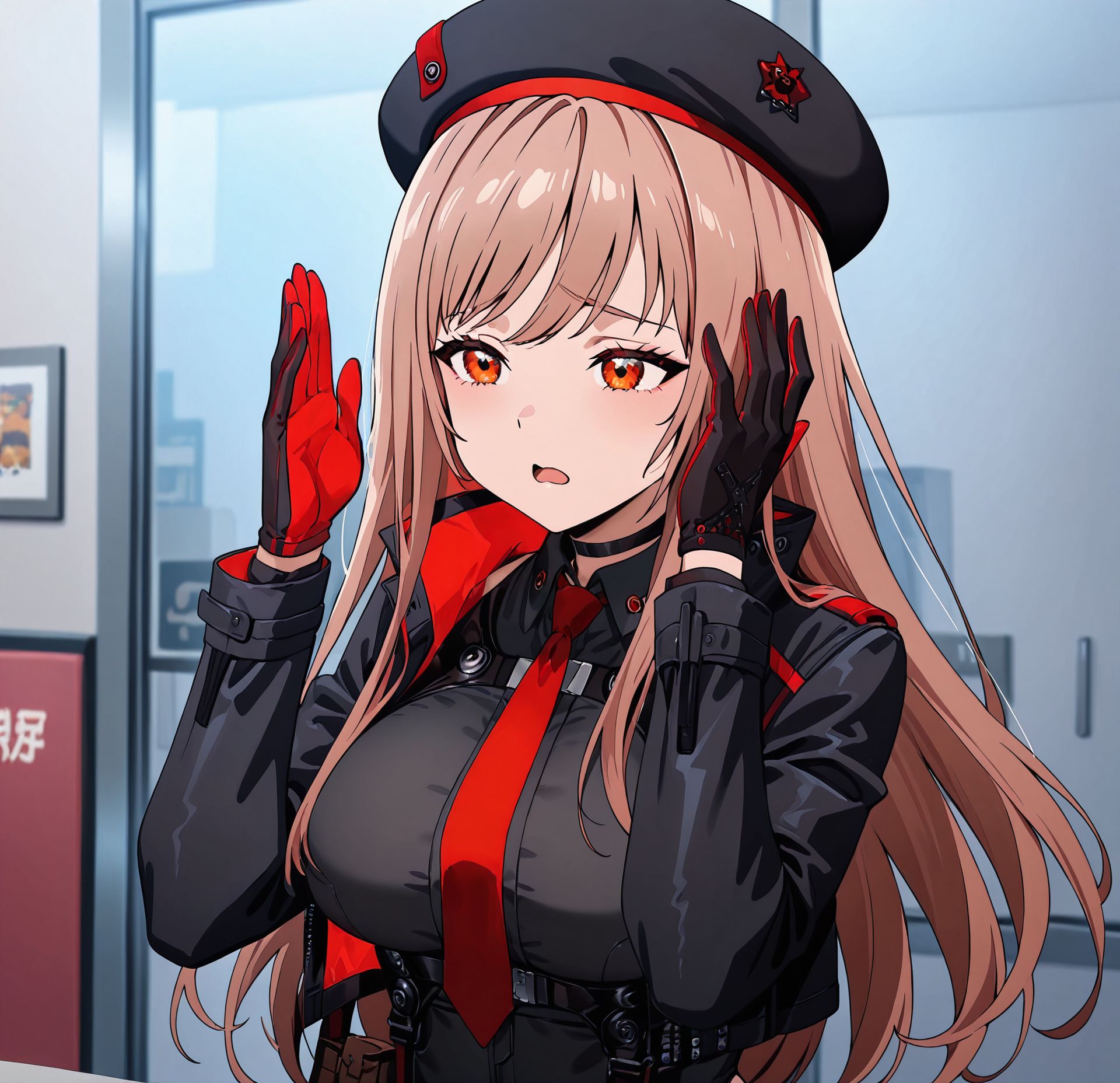 masterpiece, best quality, newest, absurdres, highres, detailed eyes, beautiful, detailed background, perfect eyes, anime coloring, anime screencap,
<lora:rapi_IL:1>
1girl,  rapink, contelys outfit, light brown hair, long hair, long sleeves, orange eyes, gloves, thighhighs, hat, large breasts, jacket, thighs, open clothes, necktie, belt, open jacket, rpely star print on thighhighs, leotard, beret, red necktie, black leotard, cropped jacket, red gloves, pouch, two-tone gloves,upper body, 
<lora:My_dad_got_the_MVP:1>My dad got the MVP,
Raising both hands with palms open near the head,
1girl,open mouth, sad,
solo,raising both hands with palms open near the head