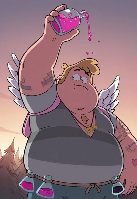 , safe_pos, solo, masterpiece, detailed, uwa, huge filesize, ultra hd, best quality, male focus, (absurdres, highres), two pupils,
1boy, official art, bright, LoveGod, fat, tattoos, chest tuft, straight symbol pendant, grey striped shirt, cutoff pants, belt, wings, backpack, upper body, holding potion