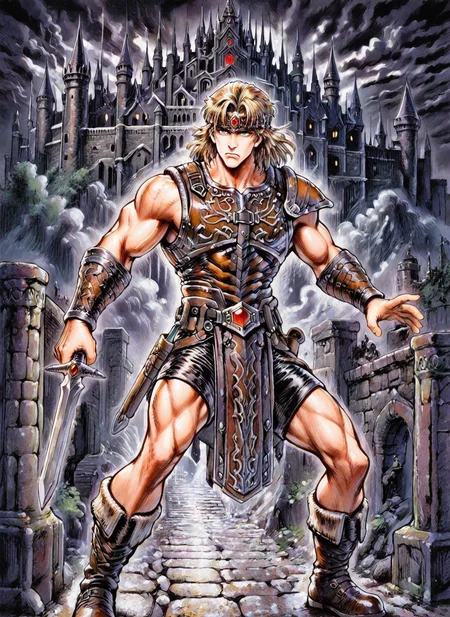 masterpiece, best quality, amazing quality, csdb, hatching (texture), cyb88, traditional media, SIMOIL, 1boy, male focus, muscular, toned male, blue eyes, leather armor, (leather headband, red gem on headband), breastplate, leather shorts, stylized loincloth, one pauldron, vambraces, medium hair, blonde hair, boots, leather tassets, dark clouds, outdoors, dark castle, castle in distance, serious, holding weapon, thin dagger, standing pose