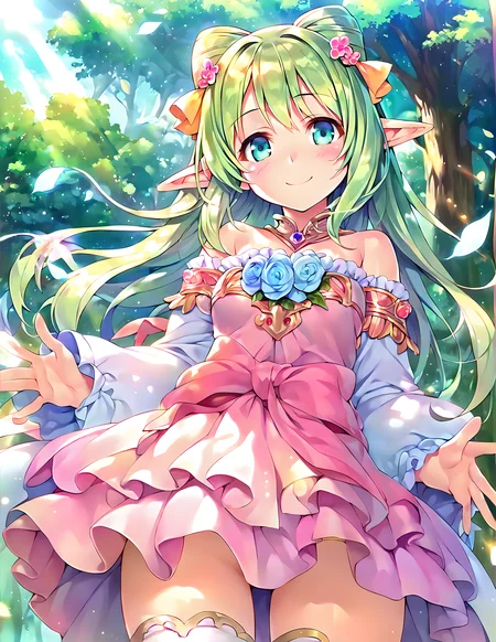 <lora:pony_xl_Cecile:0.8>,Cecile,score_9,score_8_up,score_7_up,source_anime,1girl,solo,looking at viewer,blush,smile,:d,bare shoulders,pink dress,brilliant dress,detached sleeves,thin pink skirt,ruffles,white thighhighs,nature,sky,day,Dreamy forest,fantastic,refreshing wind,the sunlight streaming through the leaves of the trees,sunny weather writing,lens_flare,hair fluttering in the wind,hair_flaps,standing,cowboy_shot,