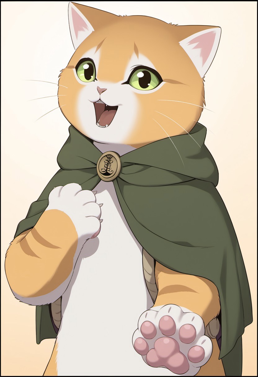 score_9, score_8_up,score_7_up,masterpiece, best quality,Thro, black border, cat, green eyes, solo, border, looking at viewer, open mouth, upper body, whiskers, :3, green cape, gradient background, gradient, cape, cloak, smile, cat ears, animal hands, no humans, hand up, furry, collar, animal ears, white fur, pawpads, yellow background, simple background, animal focus, hood