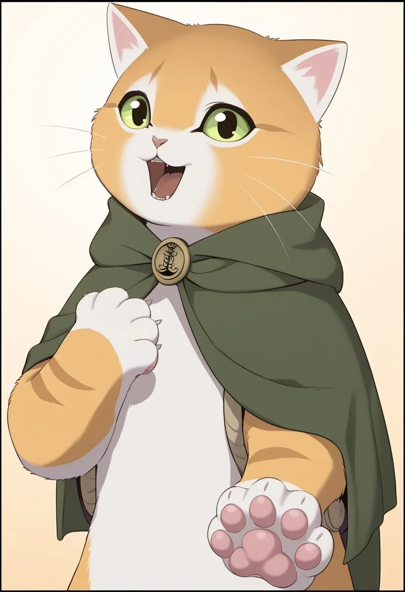 score_9, score_8_up,score_7_up,masterpiece, best quality,Thro, black border, cat, green eyes, solo, border, looking at viewer, open mouth, upper body, whiskers, :3, green cape, gradient background, gradient, cape, cloak, smile, cat ears, animal hands, no humans, hand up, furry, collar, animal ears, white fur, pawpads, yellow background, simple background, animal focus, hood