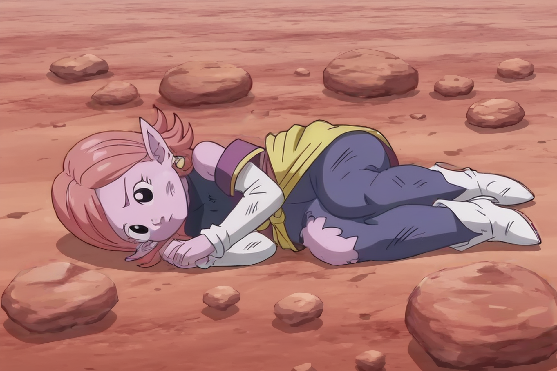 source_anime, score_9, score_8_up, score_7_up, anime screencap,8k, absurdres, 
chronoa, 1girl, solo, short hair, potara earrings, full body, lying, orange hair, pointy ears, blue pants, black eyes, colored skin, on side, purple skin, dirty, defeat, one eye half-closed, tired, yellow sash, white sleeves, sleeveless turtleneck leotard, purple tunic, rock, off shoulder, kai tunic, hand on floor, eyelashes, blue leotard, high heel boots, dirty face, white footwear, official style, torn clothes, 
 <lora:chronoa_pony_v1:0.8>
