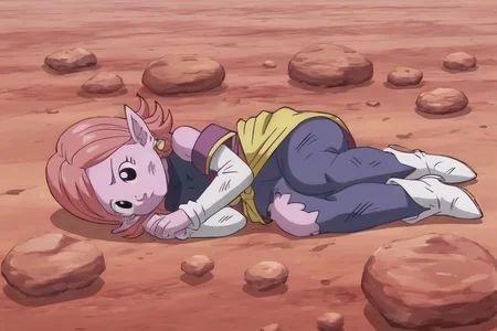source_anime, score_9, score_8_up, score_7_up, anime screencap,8k, absurdres,
chronoa, 1girl, solo, short hair, potara earrings, full body, lying, orange hair, pointy ears, blue pants, black eyes, colored skin, on side, purple skin, dirty, defeat, one eye half-closed, tired, yellow sash, white sleeves, sleeveless turtleneck leotard, purple tunic, rock, off shoulder, kai tunic, hand on floor, eyelashes, blue leotard, high heel boots, dirty face, white footwear, official style, torn clothes,
<lora:chronoa_pony_v1:0.8>