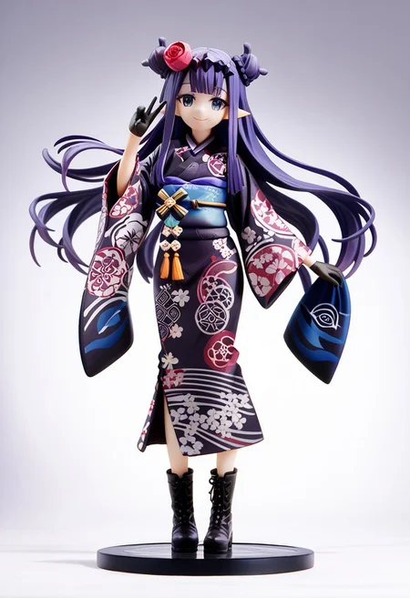 source_anime, score_9, score_8_up, score_7_up,
gradient background,
full body, smile, hand up, v,
<lora:ninomae_inanis_pony_v1ep08a03:1>
inaNewYear, very long hair, purple hair, center-flap bangs, sidelocks, double bun, headpiece, hair flower, rose, pointy ears, blue eyes, mole under eye,
japanese clothes, black kimono, blue obi, long dress, print kimono, wide sleeves, black gloves, boots, cross-laced footwear,