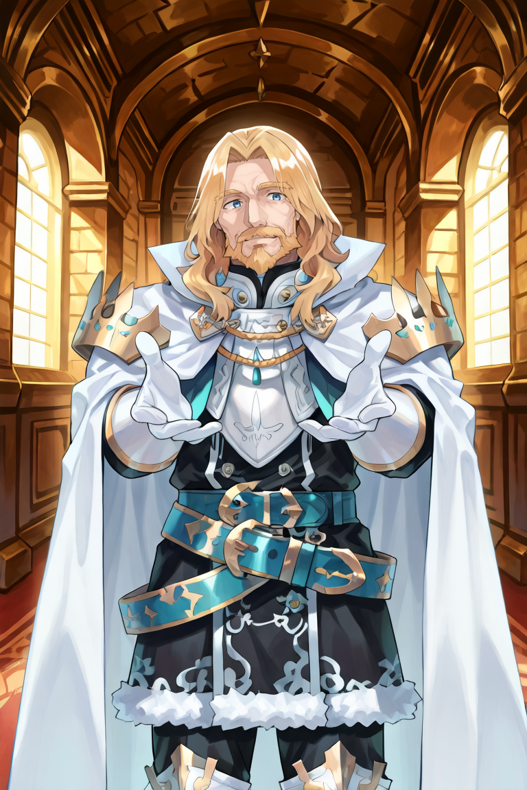 <lora:OrdeneIL:0.85> , ordedef, 1boy, blue eyes, blonde hair, long hair, facial hair, mustache, beard, white cape, collared cape, armor, pauldrons, white gloves, fur-trimmed skirt, black skirt, black pants, belt, white boots, white greaves, cowboy shot, reaching towards viewer, smile, interior, day, royal chamber, old man, wrinkles, looking at viewer, solo, masterpiece, very aesthetic, absurdres, best quality, amazing quality, high resolution, newest, very awa, <lora:illustrious_quality_modifiers_masterpieces_v1:0.8> , <lora:ChamIllustriousBackgroundEnhancer:0.5>,  ((solo)),