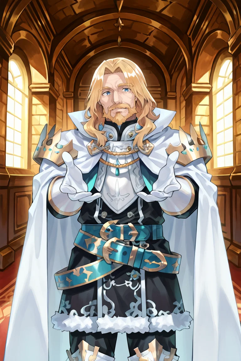 <lora:OrdeneIL:0.85> , ordedef, 1boy, blue eyes, blonde hair, long hair, facial hair, mustache, beard, white cape, collared cape, armor, pauldrons, white gloves, fur-trimmed skirt, black skirt, black pants, belt, white boots, white greaves, cowboy shot, reaching towards viewer, smile, interior, day, royal chamber, old man, wrinkles, looking at viewer, solo, masterpiece, very aesthetic, absurdres, best quality, amazing quality, high resolution, newest, very awa, <lora:illustrious_quality_modifiers_masterpieces_v1:0.8> , <lora:ChamIllustriousBackgroundEnhancer:0.5>,  ((solo)),