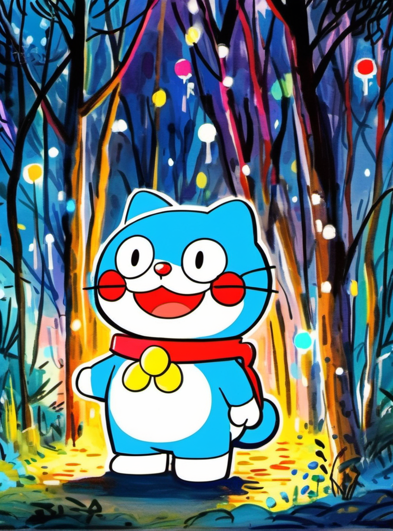 <lora:æ½è±¡-000016:0.8>,cartoon,illustrated,colorful,whimsical,forest,night,lights,vibrant colors,seasonal,art,decoration.,doraemon,