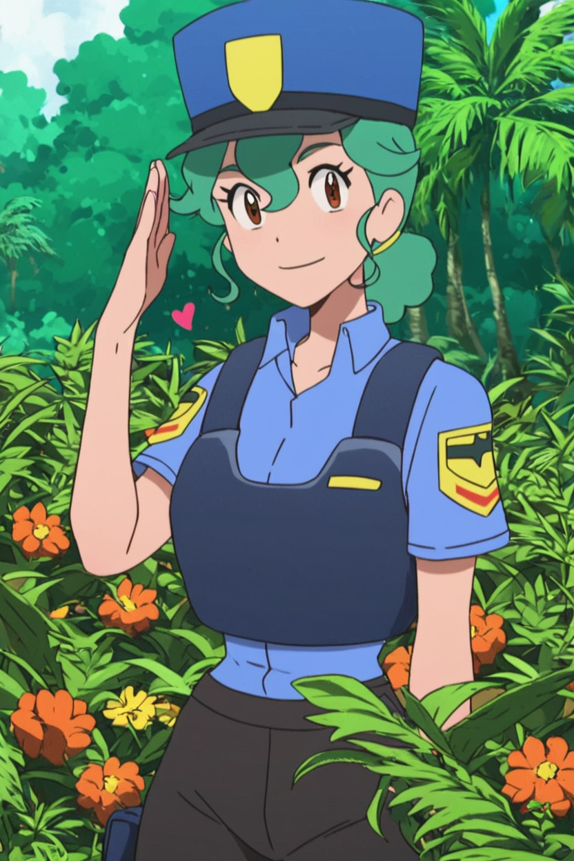score_9, score_8_up, score_8, medium breasts, (curvy), cute, eyelashes,      ,,,   zzJenny, brown eyes, hair between eyes, green hair, long hair, ponytail, short hair, police uniform, policewoman, shirt, police hat, blue shirt, collared shirt, black pants, cowboy shot, salute,  tropical forest,  <lora:JennySunMoonPDXL:1>,   ,,, smile, looking at viewer,  ,,, embedding:zPDXL, Expressiveh, <lora:SDXLFaeTastic2400:0.5>,  <lora:Expressive_H-000001:0.4>,