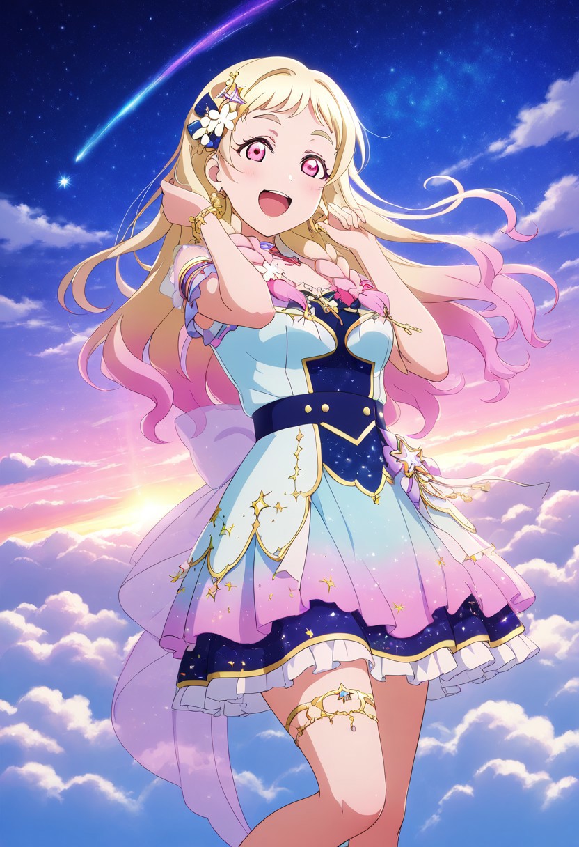 masterpiece, best quality, solo, 1girl, aged up, happy, 
 natsumi_onitsuka, onitsuka_natsumi, long hair, multicolored hair, gradient hair, blonde hair, pink hair, twin braids, braid, pink eyes, hair ornament, hair flower, celestial idol outfit, shimmering galaxy-print dress, silver accents, star-shaped hair clip, glowing earrings, floating stage above clouds, cosmic sky with nebulae, stardust swirling around her, celestial and ethereal vibe