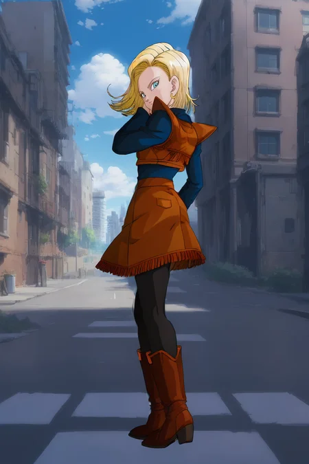 source_anime, score_9, score_8_up, score_7_up, anime screencap, high quality,
android 18, cow girl outfit, anime coloring, official style, 1girl, solo, looking at viewer, blue eyes, blonde hair, standing, full body, pantyhose, outdoors, sky, day, looking back, cloud, tree, blue sky, black legwear, wind, building, hand in own hair, city, pavement, cityscape, brown footwear, brown jacket, brown skirt, from side, cowboy boots, eyelashes, hand on hip, shoulder pads, long sleeves, v-shaped eyebrows, v-shaped eyes
<lora:c18_pony:0.8>
