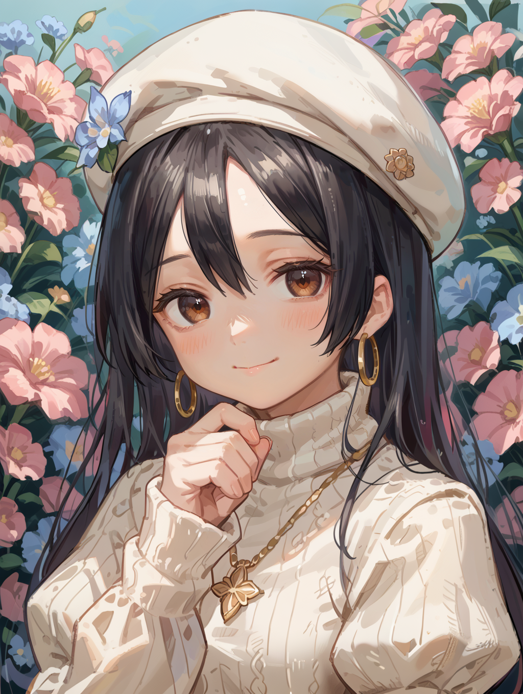 score_9, score_8_up, score_7_up,source_anime,
1girl,solo,jewelry,long hair,hat,earrings,looking at viewer,long sleeves,necklace,brown eyes,white headwear,bangs,smile,blush,closed mouth,upper body,white sweater,hoop earrings,sweater,beret,hand up,dress,puffy sleeves,flower,puffy long sleeves,black hair,parted bangs,turtleneck,hair between eyes,turtleneck sweater
<lora:style006:0.7>