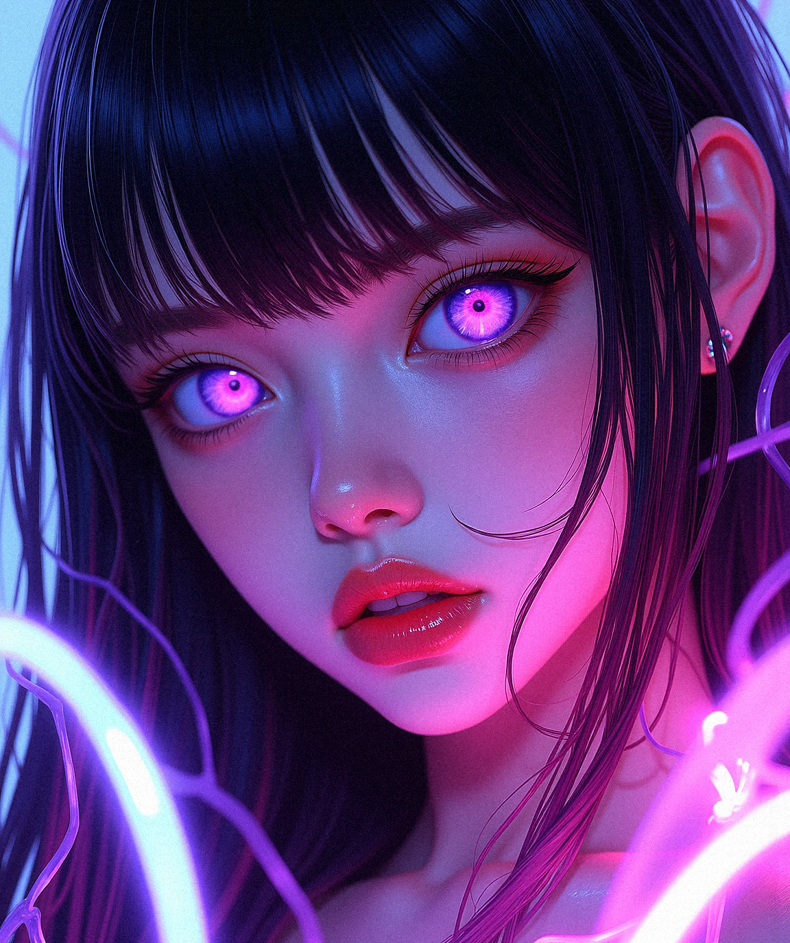 A detailed photorealistic shot of a vampire girl surrounded by fluid glowing lines, with soft reflections on her skin. The neon-like energy lines highlight her purple eyes and sharp fangs, adding to her mischievous charm.













