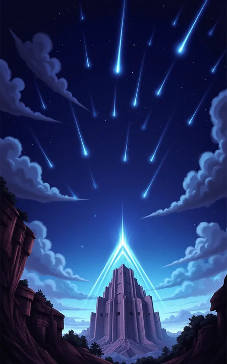 YFG-SRS, rbcharc0al, Digital painting style, dark blue sky filled with glowing stars and meteors, with intricate textures and vibrant colors. The scene should include a rich variety of elements, each contributing to the overall atmosphere. Lighting should be soft, diffused, and natural, enhancing the depth and realism of the scene. The mood is to be calm yet vibrant, creating a sense of serenity and wonder. Every detail in the scene should be meticulously rendered, emphasizing the contrast between light and shadow, and capturing the fine textures and subtle gradients. The color palette should be carefully chosen to evoke emotion, with each hue enhancing the aesthetic appeal of the overall composition. The final image should be immersive and captivating, drawing the viewer into its intricately detailed world.