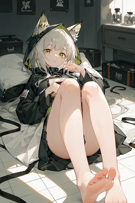 (score_9,score_8_up,score_7_up),<lora:kal'tsit (arknights)-v1:0.8>,1girl,solo,kal'tsit (arknights),green eyes,animal ears,lying,on back,looking at viewer,bare legs,long hair,cat ears,barefoot,hood,dress,parted lips,grey hair,on floor,knees up,animal ear fluff,black dress,indoors,hood up,long sleeves,
good feet,anime,NSFW,expressive,amazing quality,ultra hd 32k,