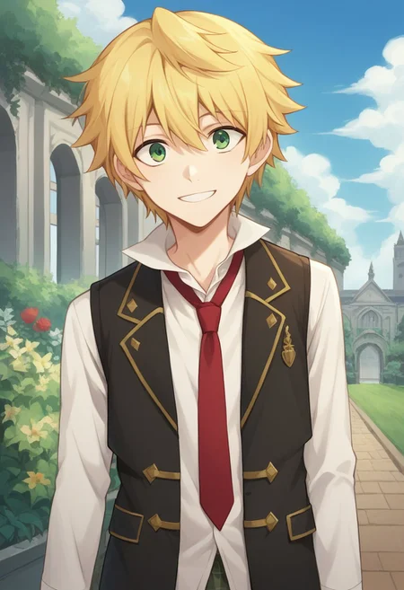 score_9, score_8_up, source_anime, highly detailed,
oz, 1boy, blonde hair, male focus, green eyes, necktie, red necktie, shorts, smile, vest,
solo, shirt, white shirt, collared shirt, upper body,
outdoor, sky, garden, mansion,