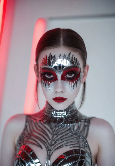 Close up, 22 years old Otherworldly looking girl, Wearing Red and black weird makeup and Chrome Dress, standing in a All White Room with red light, Sony A7iii, Sony - FE 50mm F1.8 Standard Lens, iso 100, 1/1000s, f/2.8