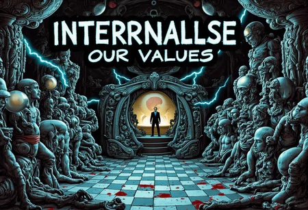 the words 'INTERNALISE OUR VALUES' written in large font fills the front of frame. In the back of frame weird man with in a dark room with checkerboard blue lotus PEOPLE ARE trapped inside machinery, people crushed inside mechanical gears, high gore arms crushed and bent, signs of wailing, people in business suits trapped in machinery. floors with blood on the ground with a white interior cyber tech electricity electical circuits illuminati symbols with brains and vaginas with high technology alchemical background lightning bolts