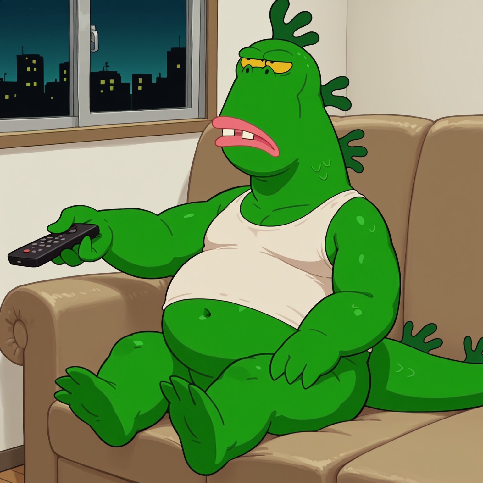 1boy, 2d, solo, male, Mrgus, dinosaur, green skin, scalie, scales, pink lips, buckteeth, yellow sclera, black eyes, tail, three toes, tank top, chubby, bottomless, 

BREAK indoors, sitting on sofa, holding remote, watching TV, bored, window, night

BREAK best quality, amazing quality, very aesthetic, absurdres, newest, masterpiece 