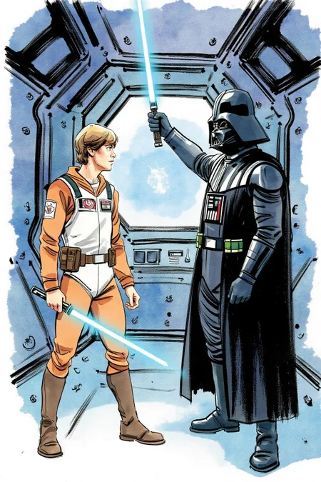 watercolor painting of a dramatic scene from the Star Wars universe set inside a space station. On the left is Luke Skywalker, is dressed in his orange and white Rebel Alliance X-Wing Fighter pilot suit, holding a lightsaber. On the right is Darth Vader, viewed from behind, holding up his lightsaber, reading to strike. <lora:watercolor.comic1_cap_d6a3:1.0><lora:830617868984079396:0>