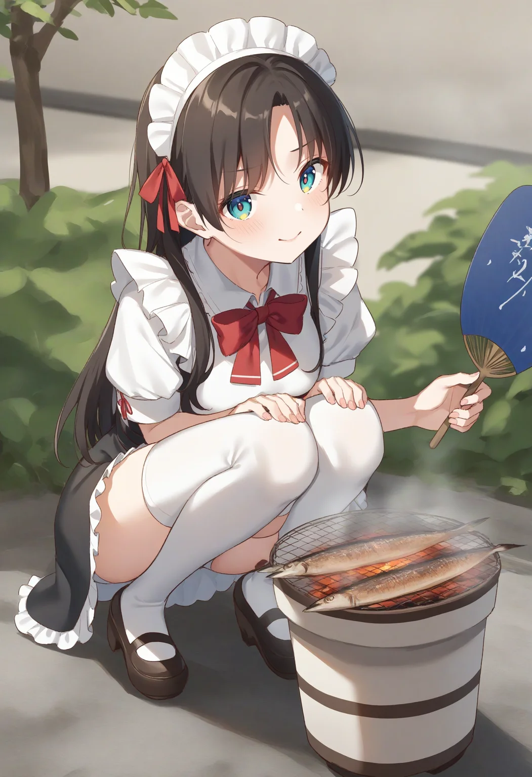 1girl,sincos, ningen mame, toosaka asagi,solo,medium breasts,20yo,maid,maid headdress,
saury, shichirin, grill, grilling, squatting, hand fan, paper fan, holding,outdoors, <lora:saury_XL_v1:0.8>
from behind, wide shot, looking back, aqua hair, golden eyes,contemptuous, closed mouth, bow-shaped hair,,
best quality, very aesthetic, absurdres