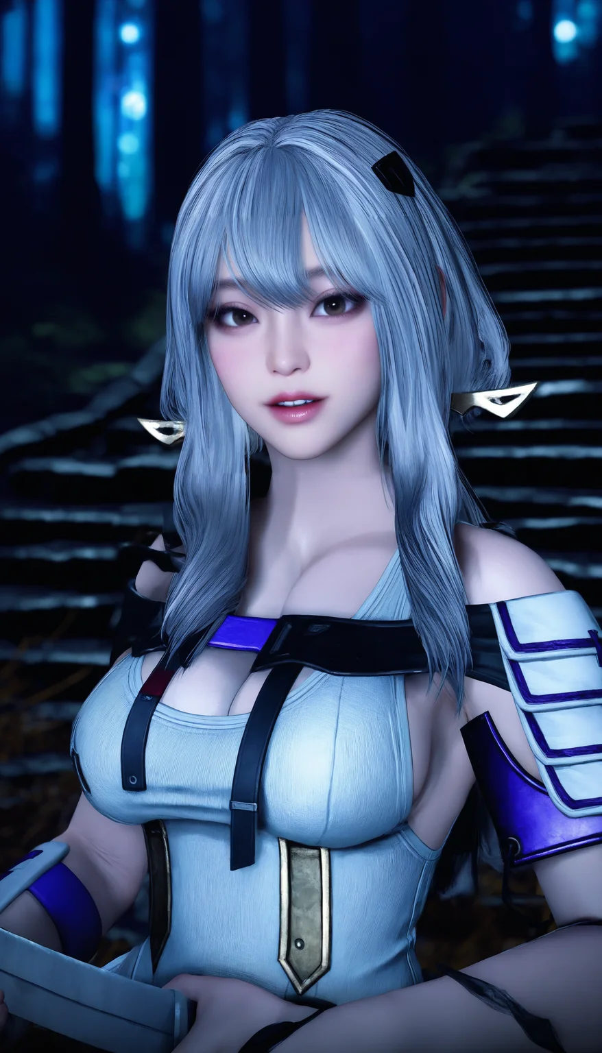 masterpiece,best quality,amazing quality,
<lora:scarletNAI:1>,sc213t,realistic,
silver hair,long hair,bangs,sidelocks,brown eyes,white leotard,shoulder armor,arm guards,upper body,looking at viewer,parted lips,right hand holding sword,hilt resting on head,outdoors,grove,night,stairs path in the background,reeds in the background,depth of field,vignetting,