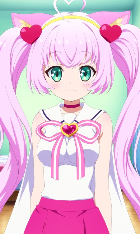 masterpiece, best qualify, beautiful eyes, zzRosia, 1girl, animal ears, solo, cat ears, long hair, twintails, heart ahoge, ahoge, pink hair, heart, breasts, looking at viewer, pink skirt, smile, skirt, green eyes, yellow hairband, hairband, hair ornament, medium breasts, sleeveless, very long hair, blush, :3, shirt, cat girl, indoors, sleeveless shirt, bangs, choker, white shirt