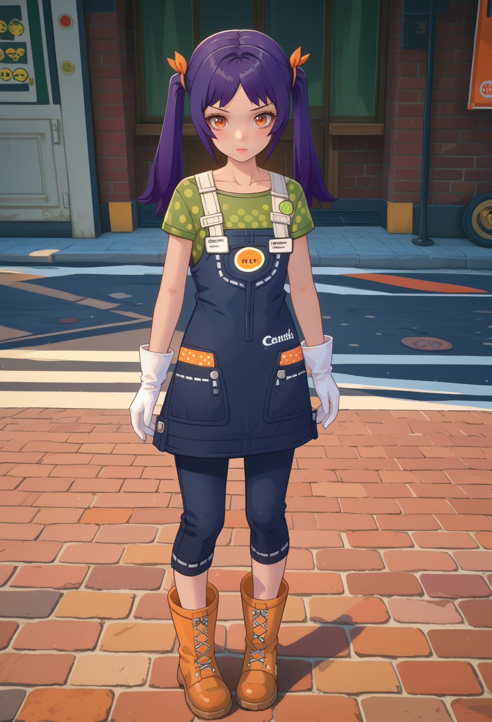 score_9, score_7_up, source_anime, BREAK  <lora:AESjal:1> AESjal, badge, blue overalls, boots, capri pants, green shirt, hair ribbon, long hair, orange eyes, orange ribbon, overall skirt, polka dot shirt, purple hair, short sleeves, sidelocks, twintails, white gloves, yellow footwear,