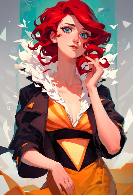 score_9, score_8_up, score_7_up, best quality, highres, 80s anime style, solo, 1girl, red hair, blue eye, Red, transistor, dress, jacket, stockings, upper body, looking at viewer, <lora:Red_Transistor:1>