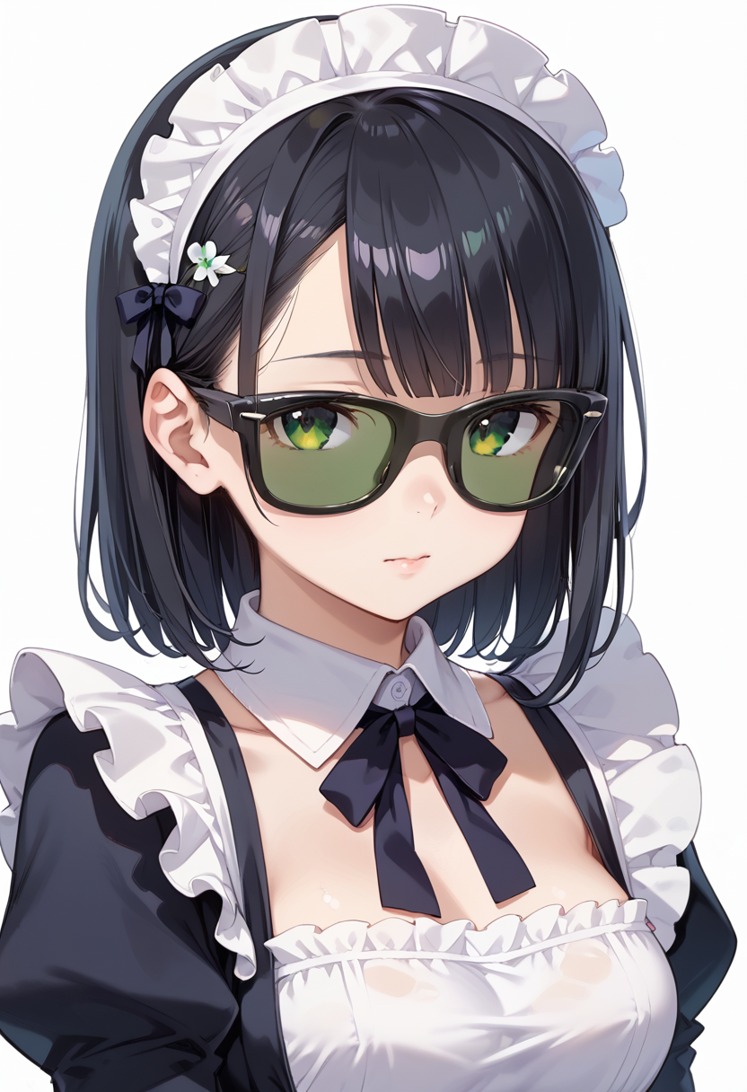 score_9, score_8_up, score_7_up, rating_safe, masterpiece, best quality, absurdres, unity 8k wallpaper, official art, official style, source_anime, uncensored, game cg, megami magazine,
1girl, solo, black hair, medium hair, upper body, covered eyes,maid, maid headdress, black dress, maid apron, face focus,
sg_WAYFARER, sunglasses, covered eyes, white background, simple background, darkgreen tinted eyewear, 
 <lora:glasses_wayfarer_PONY_V1:1>