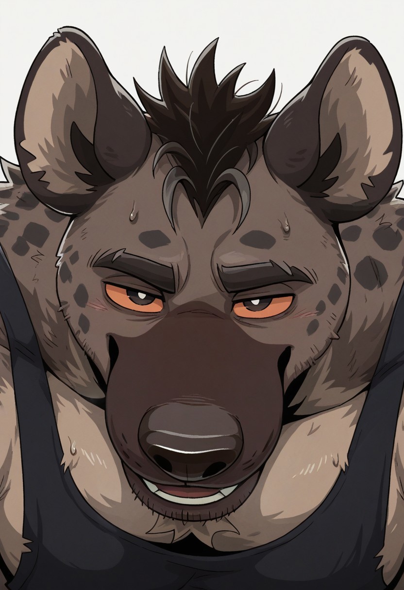 masterpiece, best quality, amazing quality, solo, 1boy,
Anthro,mature male,Hyena,HyenaDad,multicoloured fur,tan fur,orange sclera, black pupils,spotted fur,dark brown fur,bara,stubble, smile, seductive, looking at viewer,black tank top,  
BREAK
 White background, face focus, straight-on,