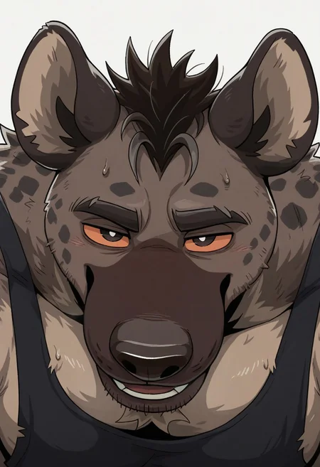 masterpiece, best quality, amazing quality, solo, 1boy,
Anthro,mature male,Hyena,HyenaDad,multicoloured fur,tan fur,orange sclera, black pupils,spotted fur,dark brown fur,bara,stubble, smile, seductive, looking at viewer,black tank top,
BREAK
White background, face focus, straight-on,