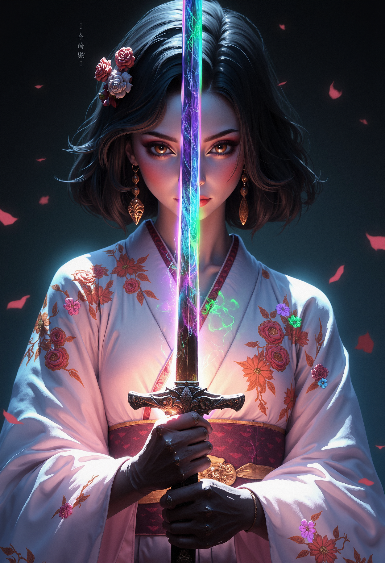 A young woman with shoulder-length wavy black hair is shown from the torso up, holding a glowing katana in front of her. She is wearing a traditional kimono that is white with iridescent, vibrant floral patterns in shades of pink, orange, blue, and green. The katana has a glowing, rainbow-colored blade, with the hilt held firmly in both her hands. Her right hand, visible and ungloved, grips the handle near the bottom, while her left hand, wearing a black glove, is placed near the guard. Her expression is calm, her gaze lowered. The kimono drapes softly over her form, and colorful, ethereal flowers seem to emerge from the fabric. The background is dark and minimal, which contrasts sharply with the vibrant light coming from the sword and the glowing floral patterns on her clothing. The lighting emphasizes the soft glow of the sword and flowers, creating a magical, serene atmosphere. The perspective is a close-up shot focusing on the upper half of her body, highlighting the intricate details of her kimono and the vibrant, colorful light effects.    <lora:dark_fantasy_flux:0.83> <lora:FredFraiStyle-FLUX-Share:0.63> <lora:sxz-Dark-Fantasy-v2-Flux:0.33> drkfnts style,