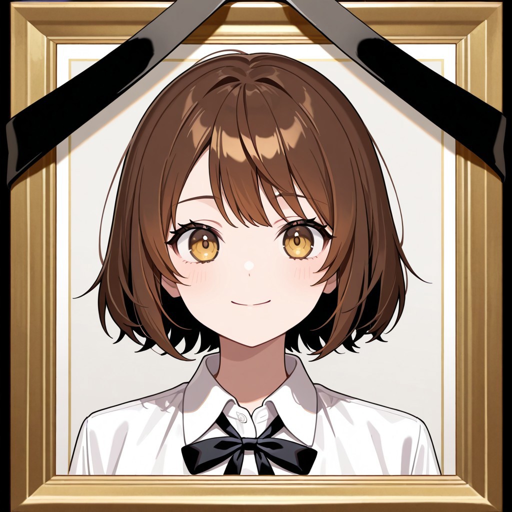 masterpiece, best quality, 32k, high resolution, absurdres, iei, portrait (object), black ribbon, solo, 1girl, upper body, looking at viewer, smile, shirt, brown hair, short hair, closed mouth, school uniform