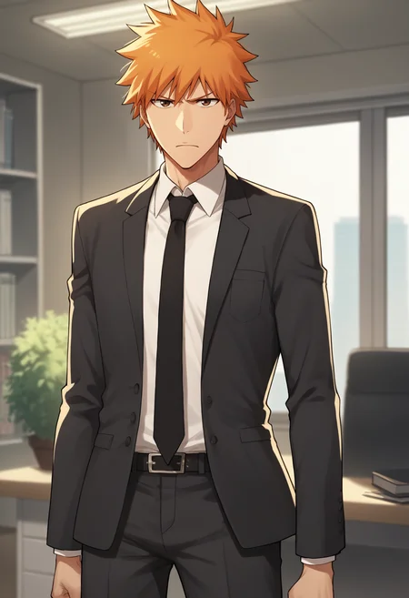 score_9, score_8_up, score_7_up, score_6_up, score_5_up, score_4_up, BREAK, source_anime,
1boy, ichigokurosaki, orange hair, short hair, spiked hair, brown eyes,
formal, suit, white shirt, black necktie,
standing, solo, serious, looking at viewer, indoors, office, desk <lora:IchigoXL:1>