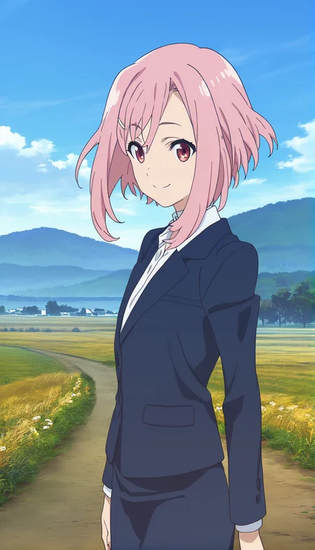 score_9,score_8_up,score_7_up,
<lora:yoshinokoharu:0.9>,
yoshinokoharu,animated,
1girl,solo,
pink hair,short hair,bangs,
red eyes,looking at viewer,smile,
blue blazer,white collar shirt,blue pencil skirt,
upper body,
outdoors,morning,summer,countryside,village in background,rolling hills,road,fields,blue sky,cloud,bloom,