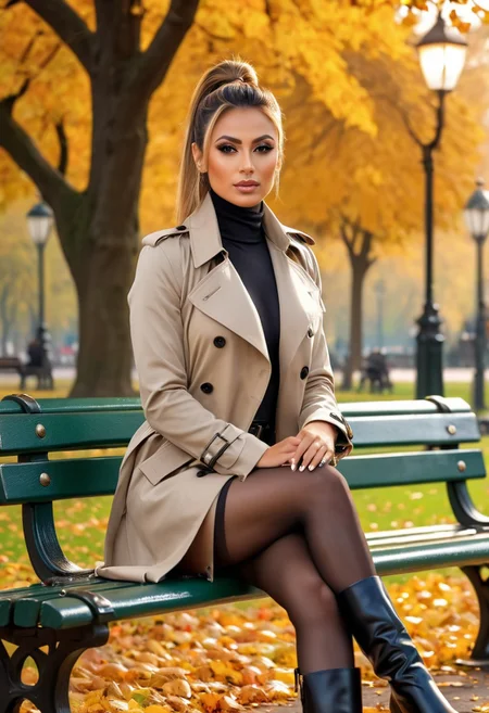 photo of   -10000 beautiful woman ,seductive,Pony tail,in the park,sits on a park bench,Autumn,very short  trench coat , high heel Boots , masterpiece) (best quality) (detailed) (8k) (HDR) (wallpaper) (cinematic lighting) (sharp focus) (intricate)