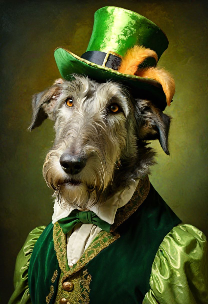 Irish Wolfhound, Saint Patrick, Flemish Baroque style, dramatic lighting, oil painting texture, detailed fur, squirrels dressed as leprechauns, dynamic movement, humorous expressions