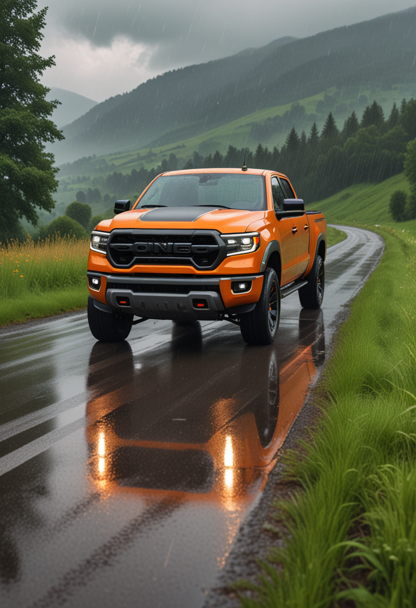 (medium full shot) of A pickup truck with orange paint, carbon fiber body, high-performance brakes, low profile tires, adaptive headlights, heated seats, spoiler,  parked in  a winding road through the countryside, with lush greenery, peaceful meadows, distant mountains, in the rain, Masterpiece,best quality, photo, realistic, very aesthetic,