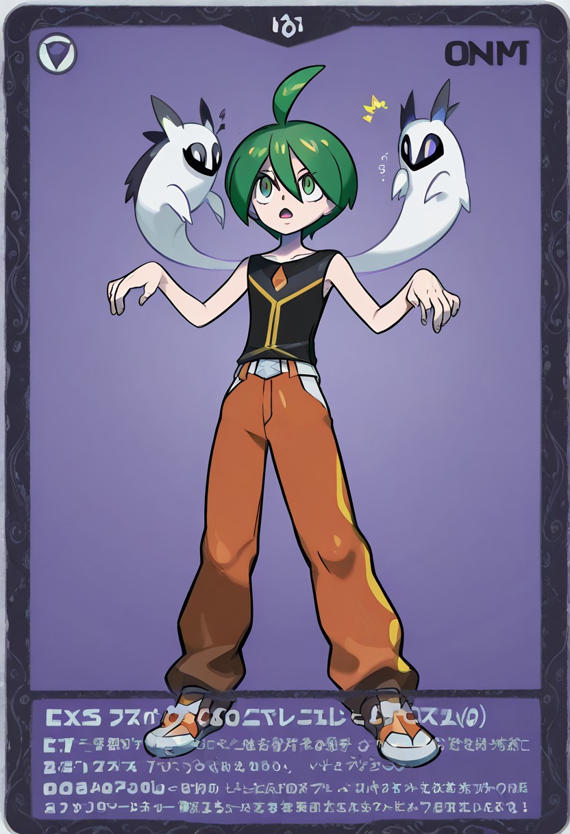 score_9, score_8_up, score_7_up, masterpiece, best quality, amazing quality, best aesthetic, ,absurdres,intricate details, aaron, green eyes, green hair, ahoge, black sleeveless shirt, orange pants, white with orange shoes, belt<lora:EMS-380018-EMS:1.000000><lora:ghost-pose-ponyxl-lora-nochekaiser:1>, ghost pose, ghost,open mouth, looking up,
Pokemon TCG,